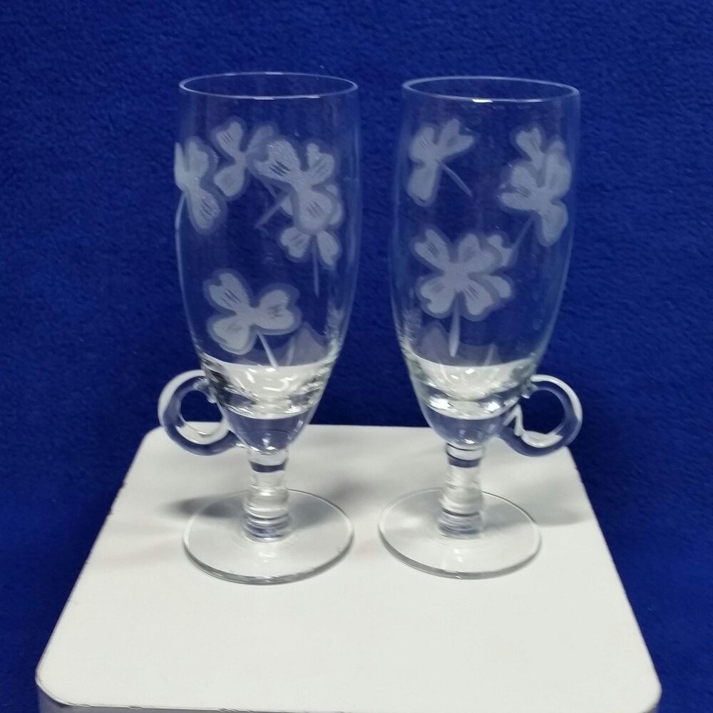 Vintage Avitra Irish Coffee Etched Shamrock Glasses Set of 2 Finger Loop Handle
